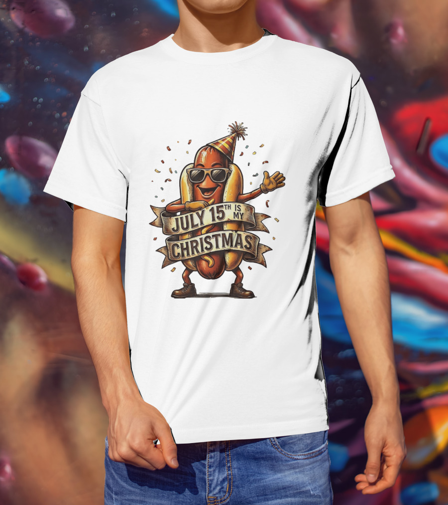 Hot Dog Wearing Sunglasses And Party Hat July 15th Is My Christmas T-Shirt