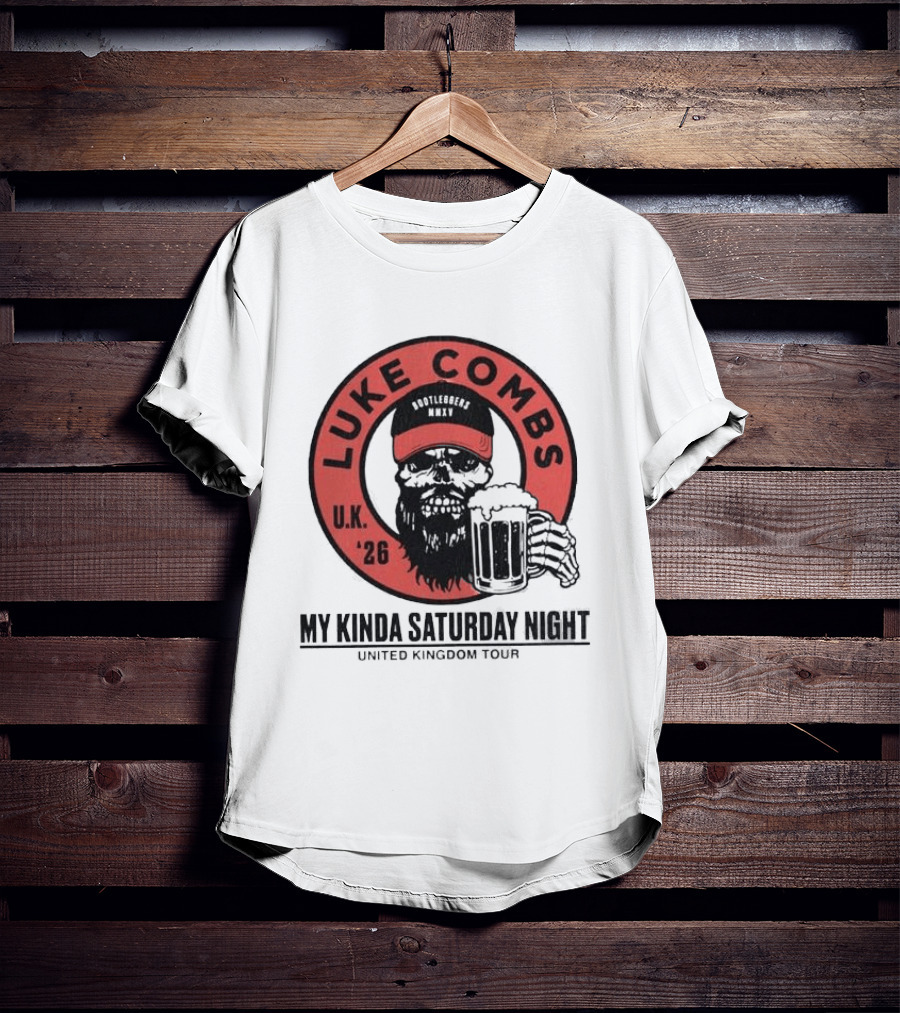 Luke Combs My Kinda Saturday Night UK Tour 2026 Pop Up Skeleton Holding Beer T-Shirt