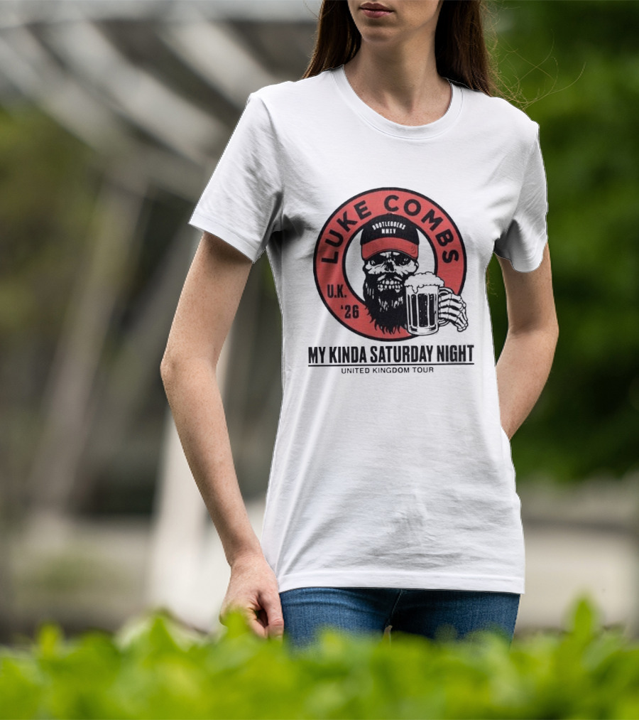 Luke Combs My Kinda Saturday Night UK Tour 2026 Pop Up Skeleton Holding Beer T-Shirt