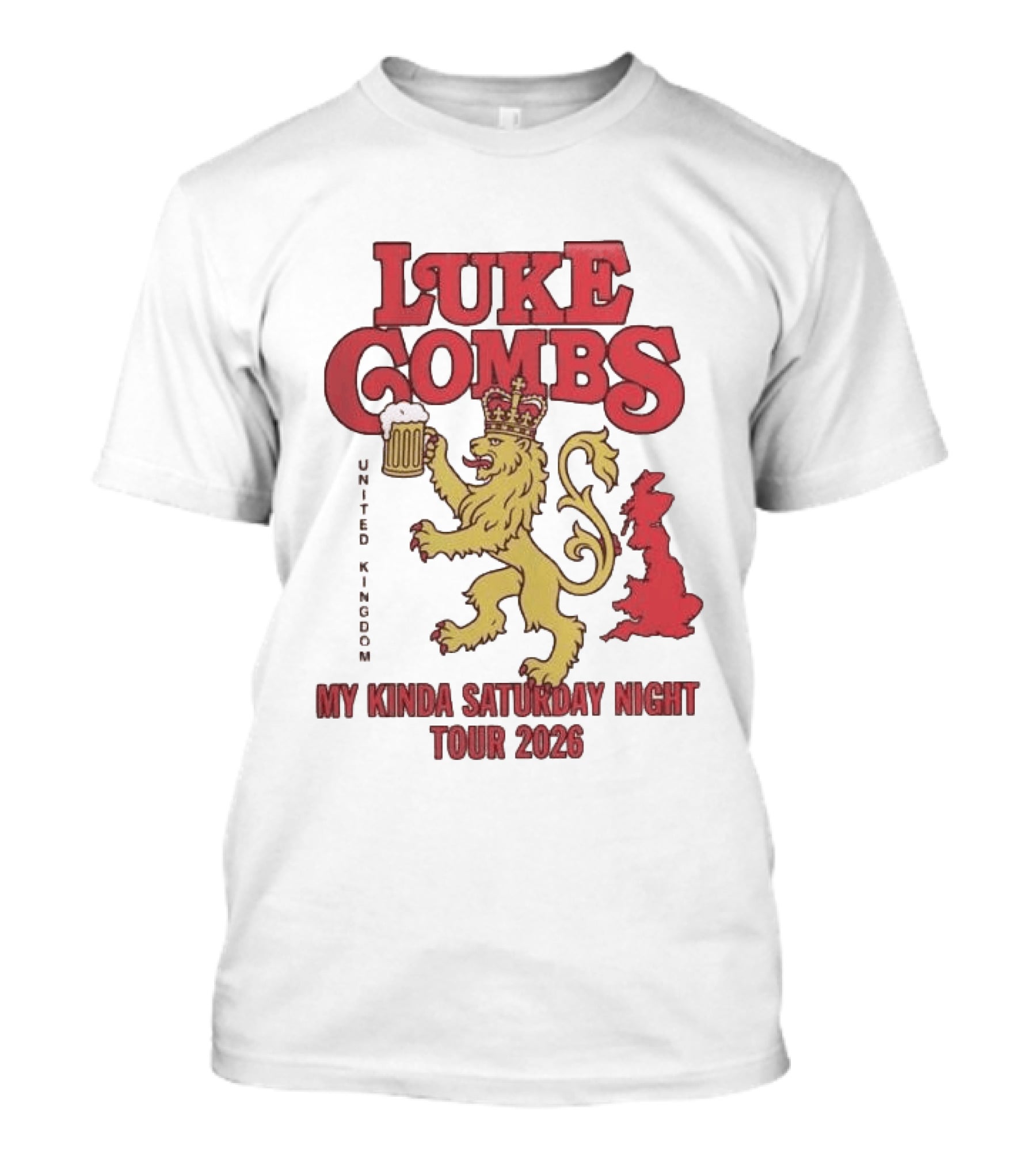 Luke Combs United Kingdom My Kinda Saturday Night Tour 2026 Lion Holding Beer T-Shirt