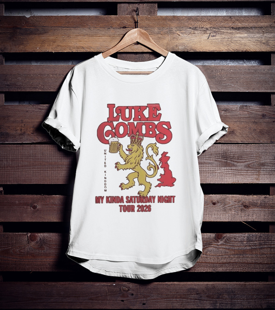Luke Combs United Kingdom My Kinda Saturday Night Tour 2026 Lion Holding Beer T-Shirt