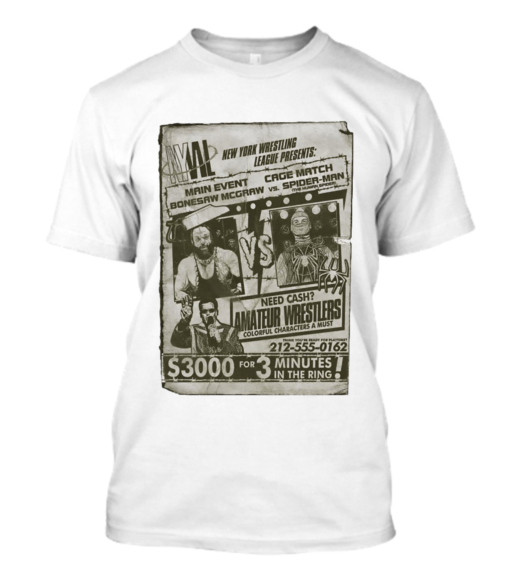 New York Wrestling League Main Event Bonesaw McGraw Vs Spider Man Cage Match Flyer T-Shirt