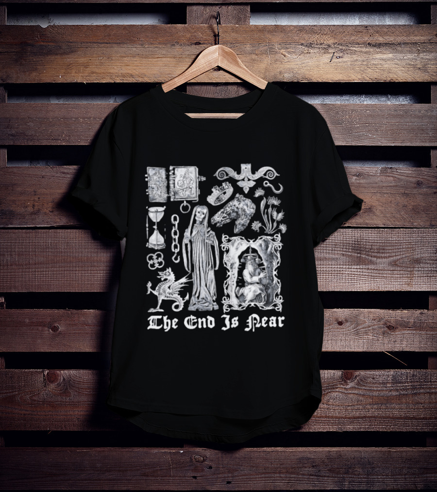 The End Is Near Gothic Occult Dark Medieval Symbols Skeleton Dragon Hourglass T-Shirt