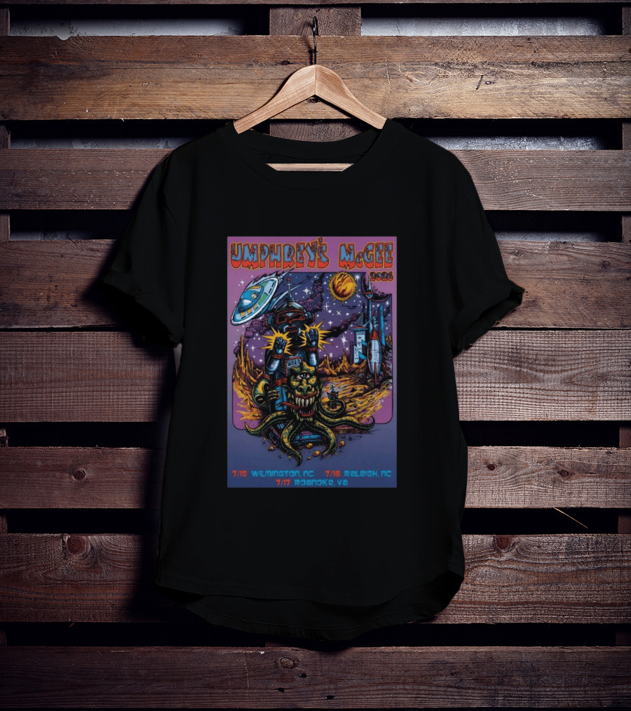Umphrey's McGee 2026 Tour Dates With Sci Fi Art Featuring Space Monster And Robot In Roanoke VA T-Shirt