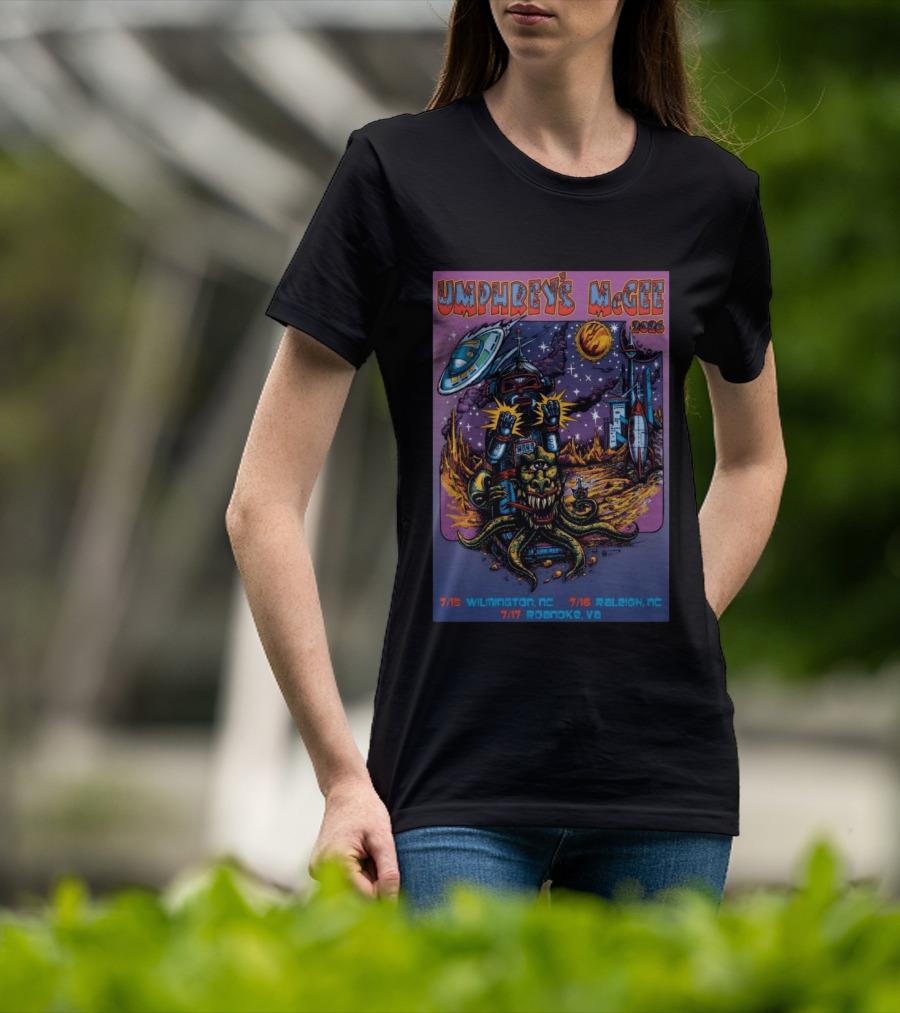 Umphrey's McGee 2026 Tour Dates With Sci Fi Art Featuring Space Monster And Robot In Roanoke VA T-Shirt