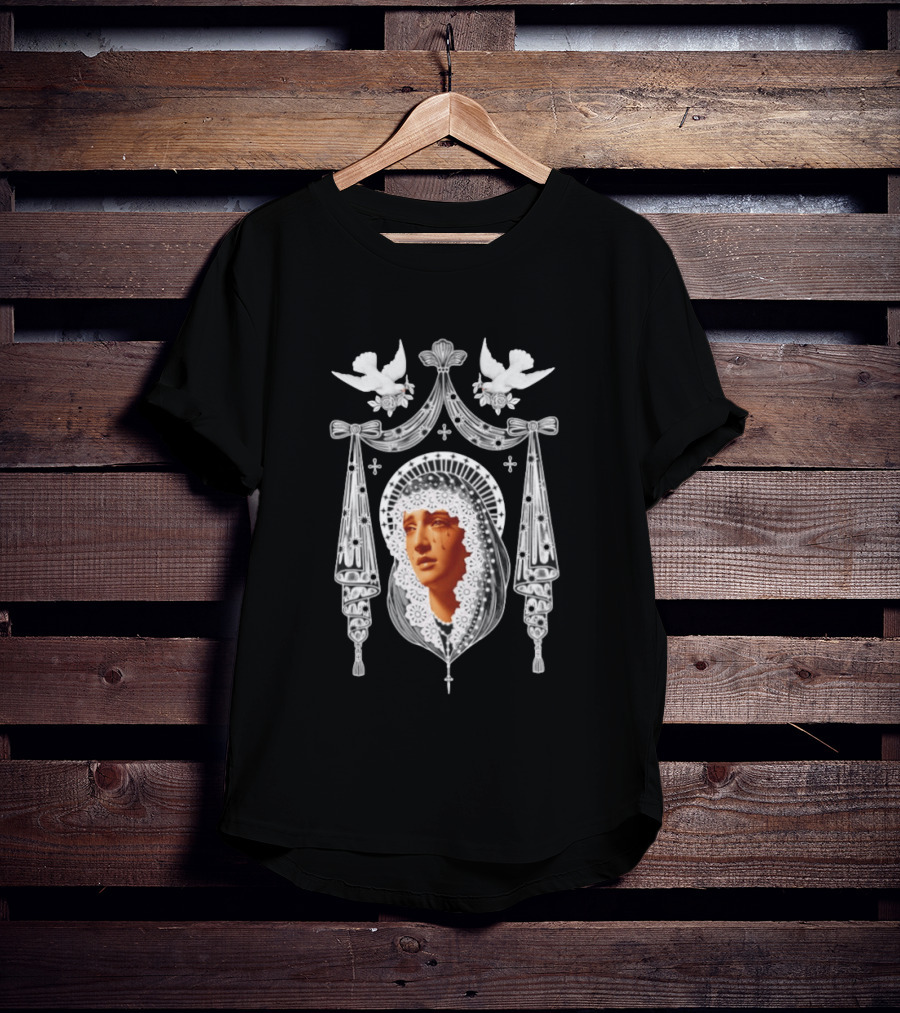 Weeping Virgin Mary Gothic Icon With Doves And Ornate Silver Details T-Shirt