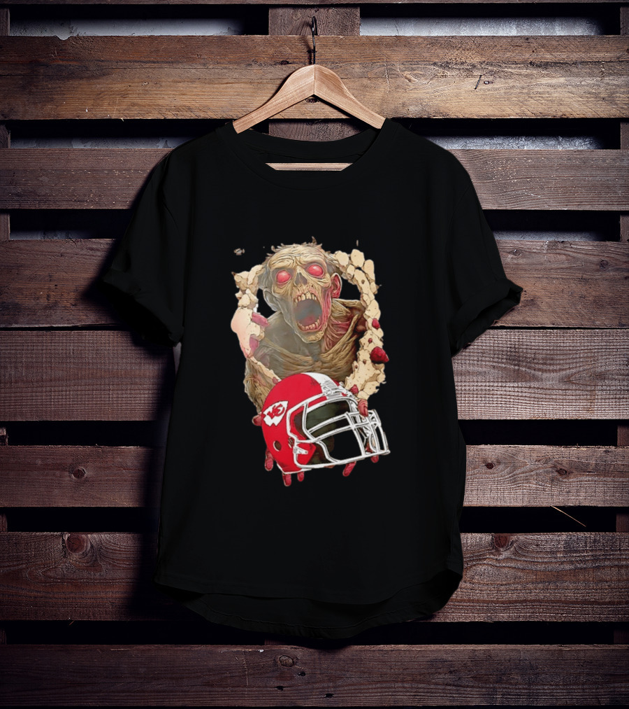 Zombie Kansas City Chiefs Helmet Halloween Scary Football Fan Spirit T-Shirt