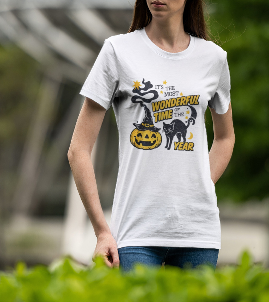 It's The Most Wonderful Time Of The Year Halloween Pumpkin Black Cat T-Shirt