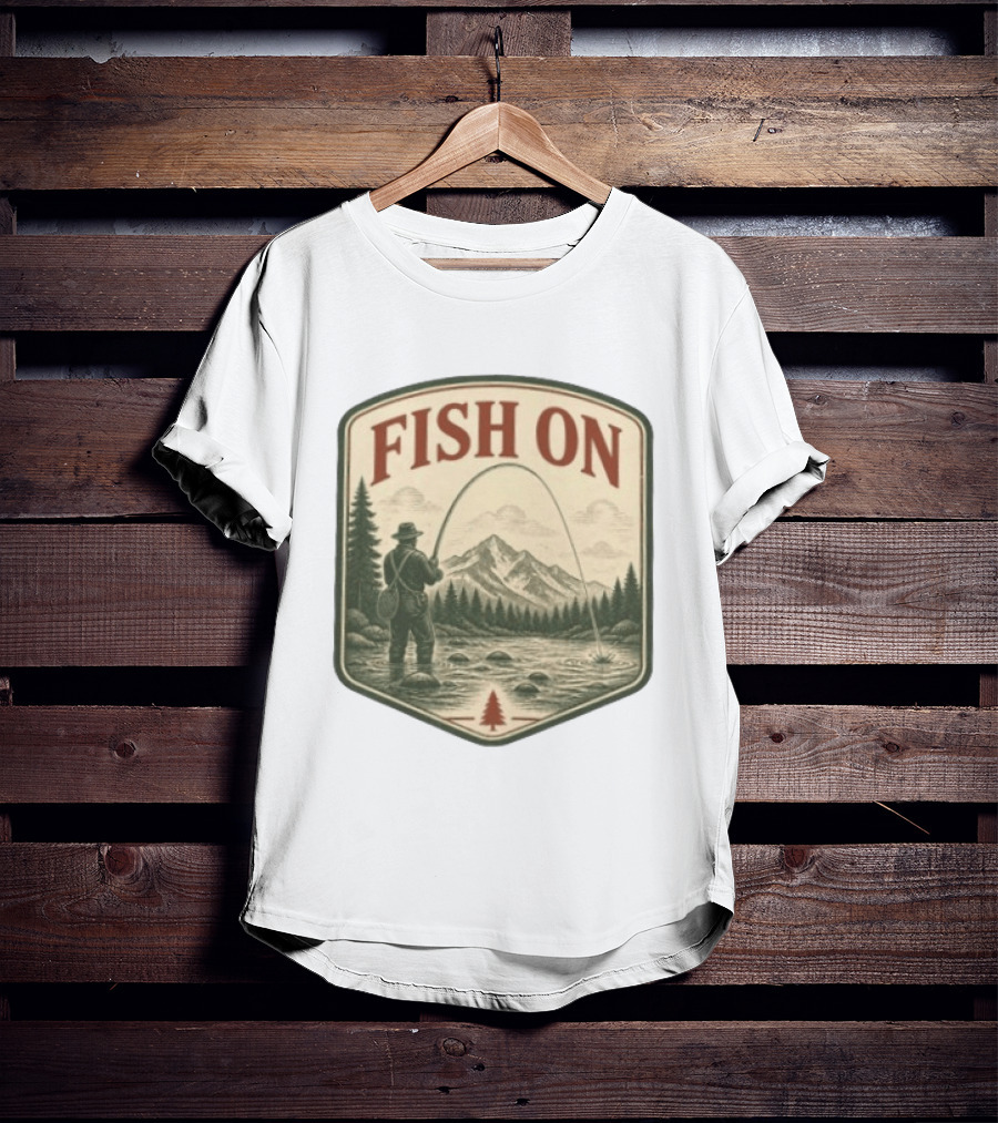 Fish On Fly Fishing Fisherman Mountain Landscape Adventure T-Shirt