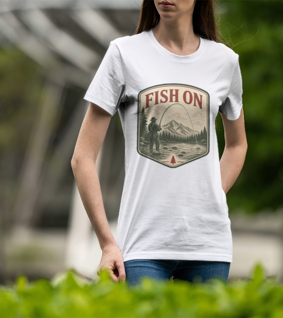 Fish On Fly Fishing Fisherman Mountain Landscape Adventure T-Shirt