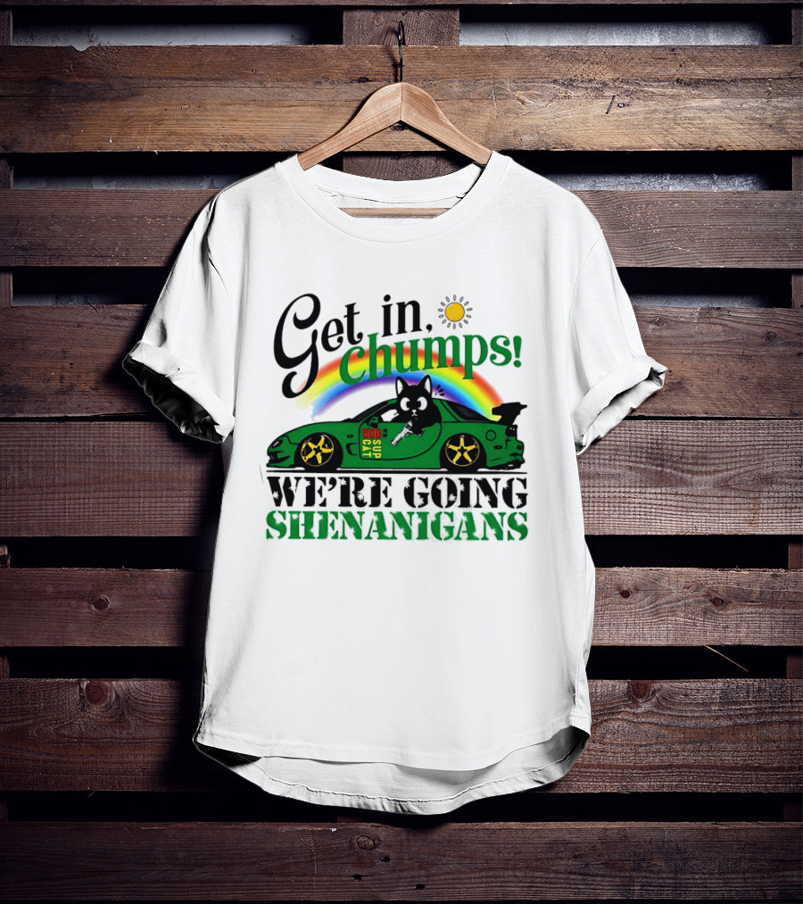 Get In Chumps Shenanigans Cat Driving Car Cartoon Rainbow Sun T-Shirt