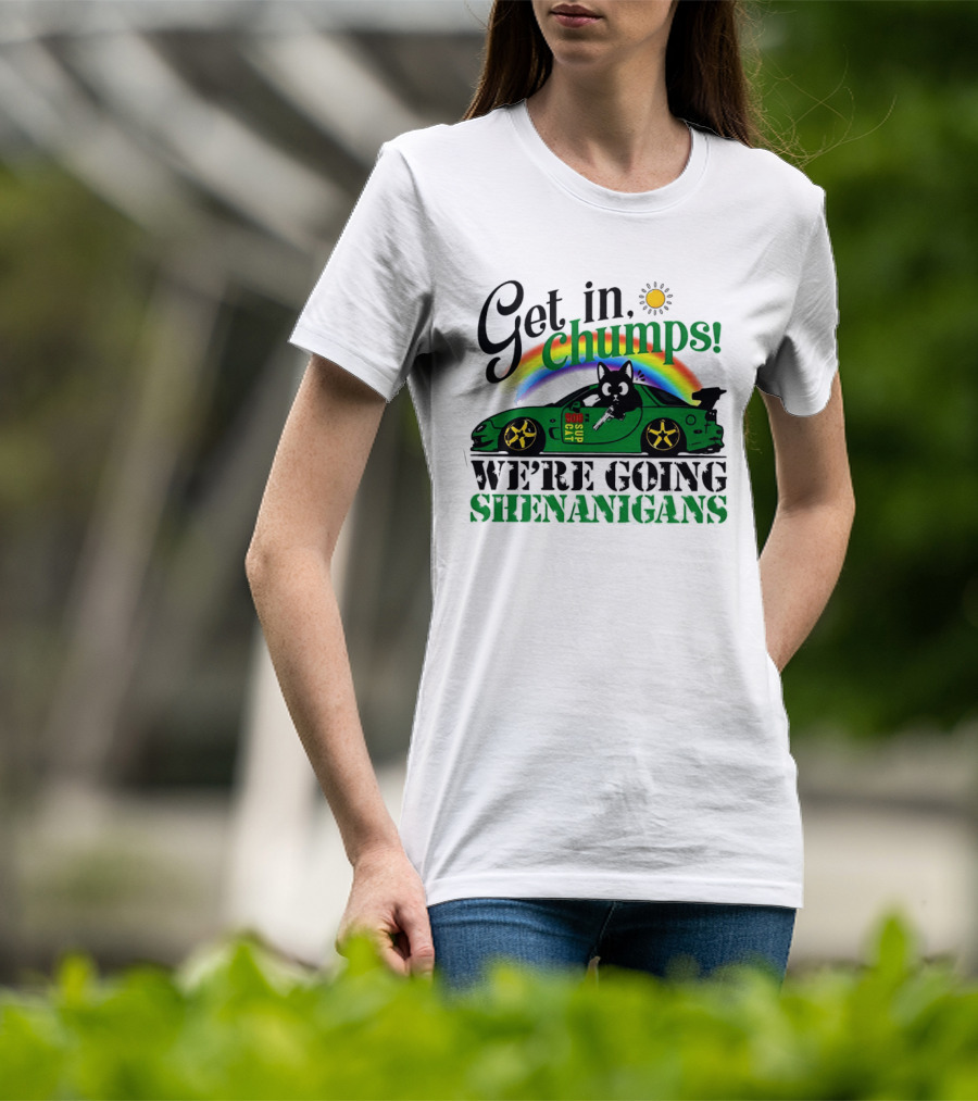 Get In Chumps Shenanigans Cat Driving Car Cartoon Rainbow Sun T-Shirt