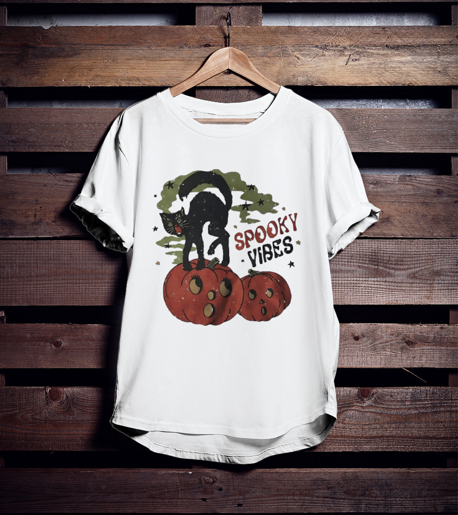 Spooky Vibes Black Cat Pumpkins Halloween Cartoon Stars T-Shirt