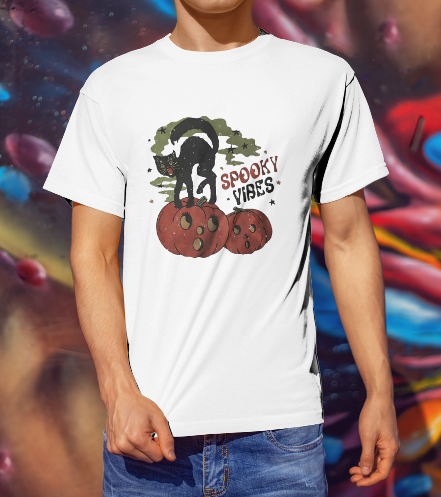 Spooky Vibes Black Cat Pumpkins Halloween Cartoon Stars T-Shirt