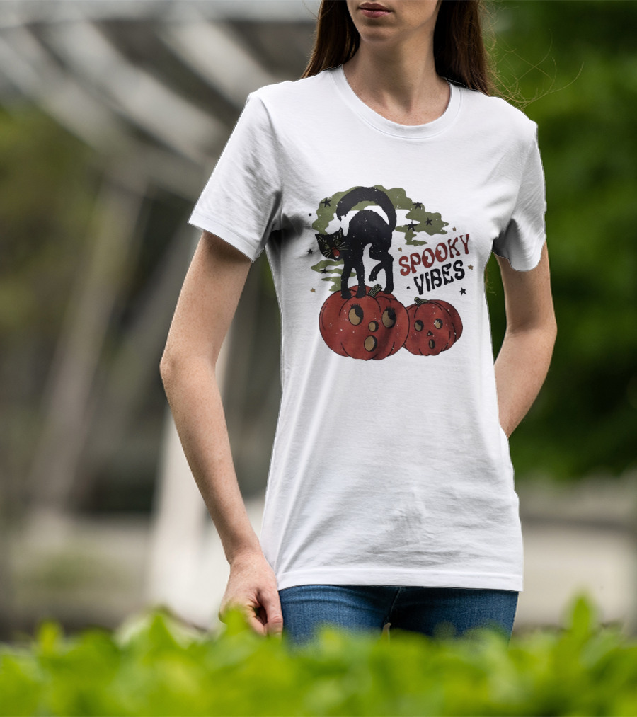 Spooky Vibes Black Cat Pumpkins Halloween Cartoon Stars T-Shirt