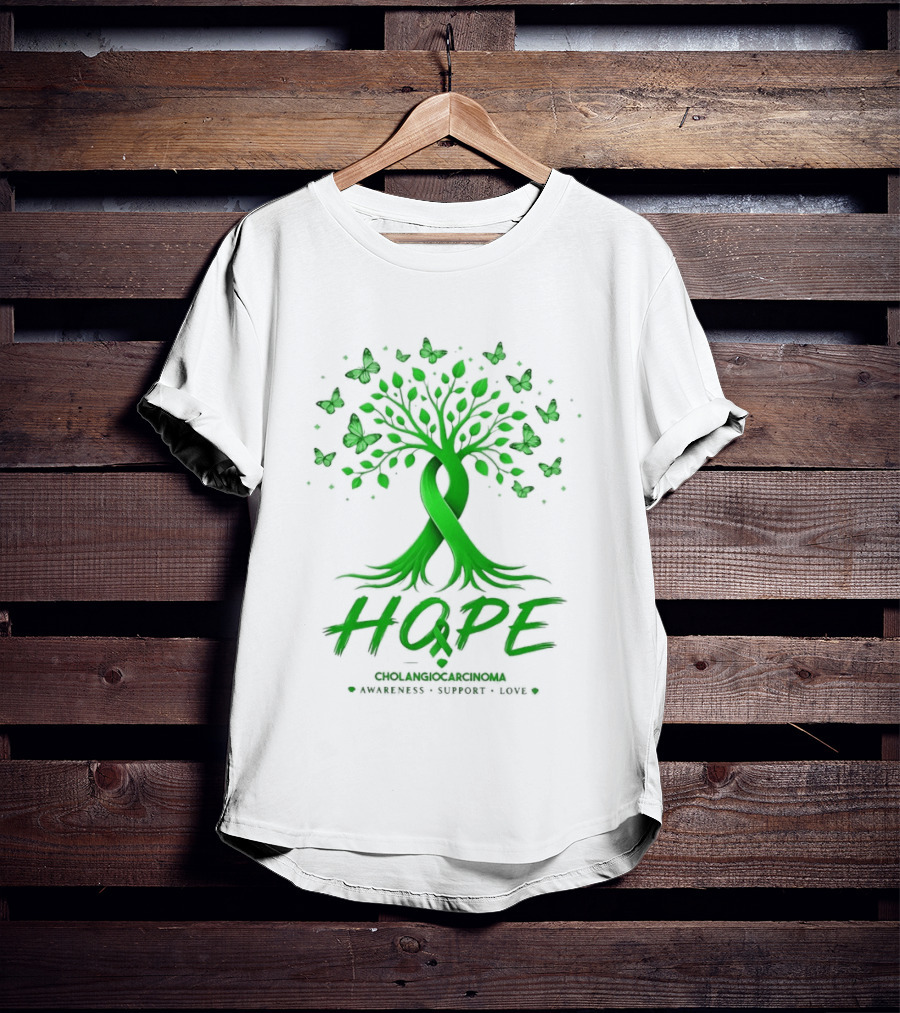 Hope Tree With Butterflies Cholangiocarcinoma Awareness Support Love Ribbon T-Shirt