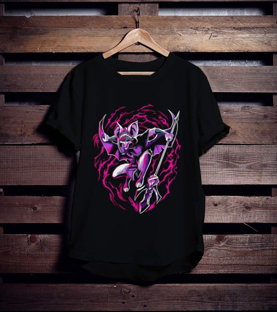 Thorne Bat Warrior With Spear Fantasy Purple Pink Swirl T-Shirt