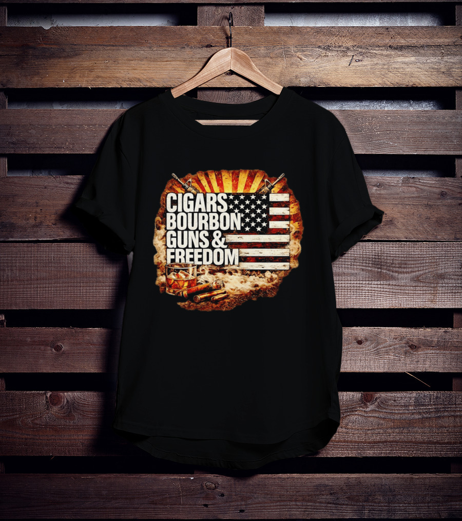 Cigars Bourbon Guns And Freedom American Flag Patriotic T-Shirt