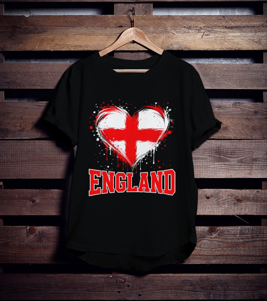 England Heart Flag Paint Splatter Red And White Cross T-Shirt