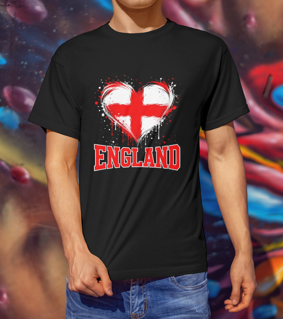 England Heart Flag Paint Splatter Red And White Cross T-Shirt