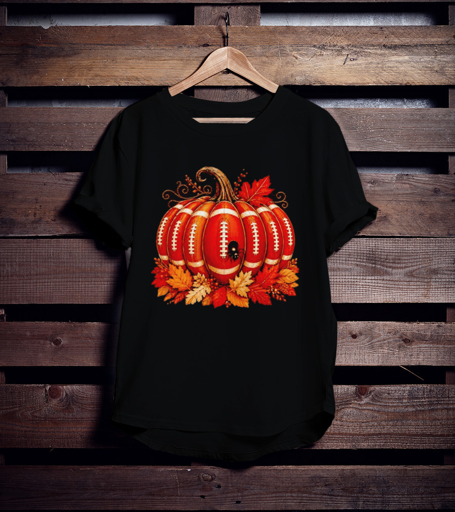 Football Pumpkin Spider Autumn Leaves Thanksgiving Decor T-Shirt
