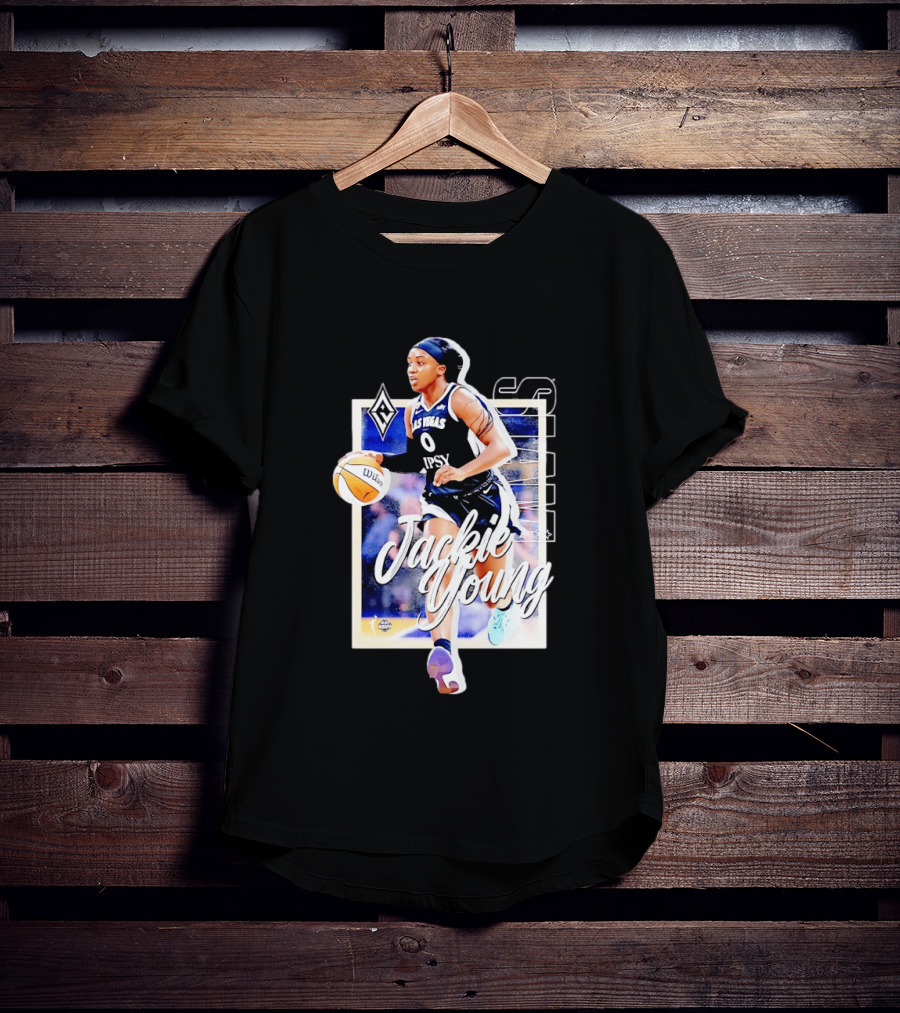 Jackie Young Las Vegas Aces Number 0 Dribbling Action With Wilson Basketball And Lids Headband T-Shirt