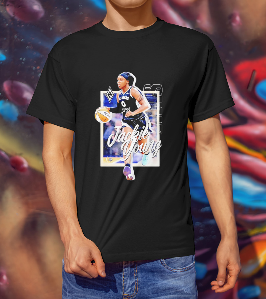 Jackie Young Las Vegas Aces Number 0 Dribbling Action With Wilson Basketball And Lids Headband T-Shirt