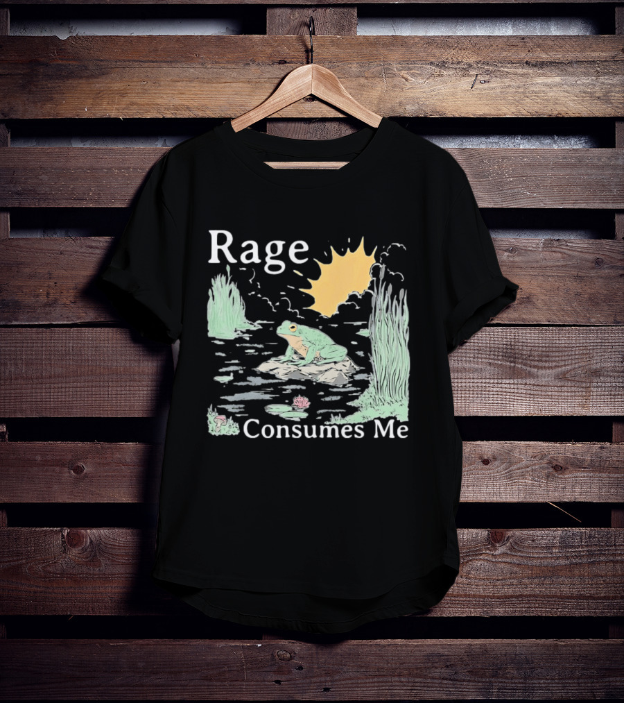 Rage Consumes Me Frog On Rock With Sunburst And Pond Scene T-Shirt
