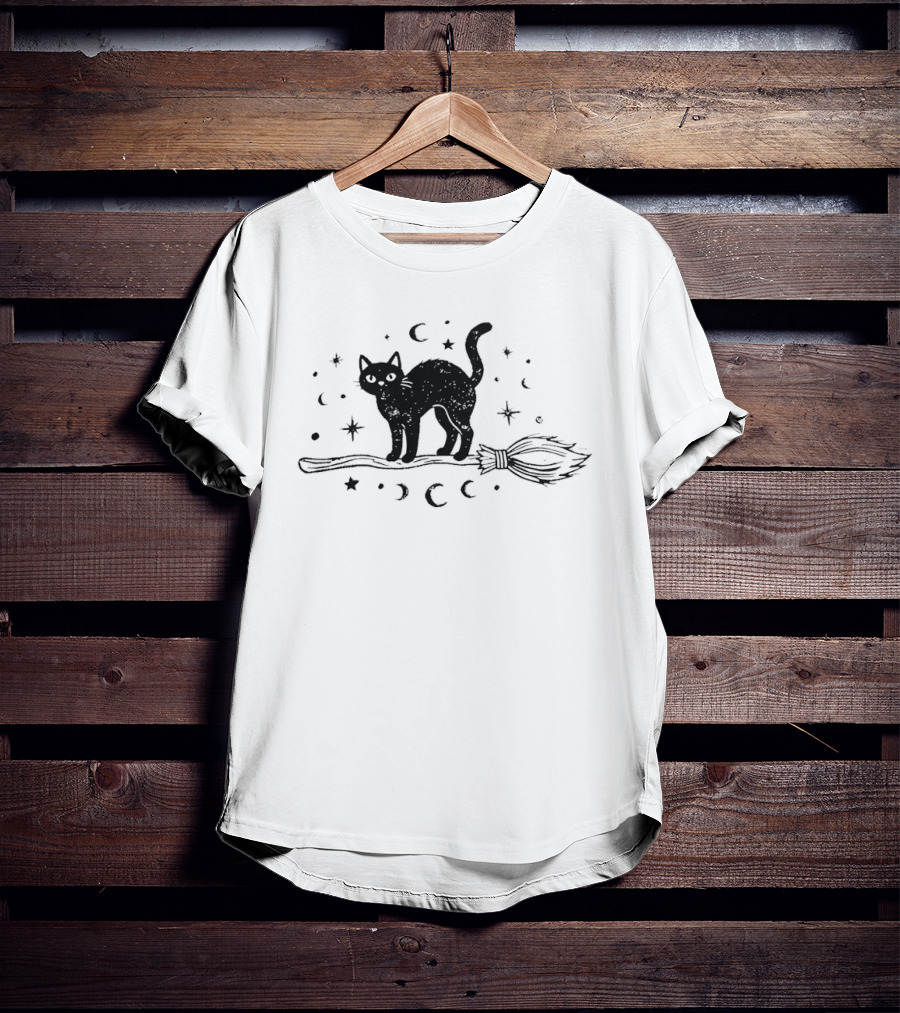 Black Cat With Celestial Moons Stars On Broomstick T-Shirt