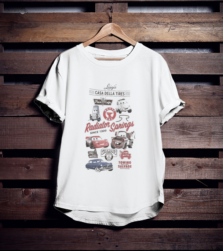 Luigi's Casa Della Tires Radiator Springs Classics Since 1909 Piston Cup Racing 95 Mater Tractor Tipping T-Shirt