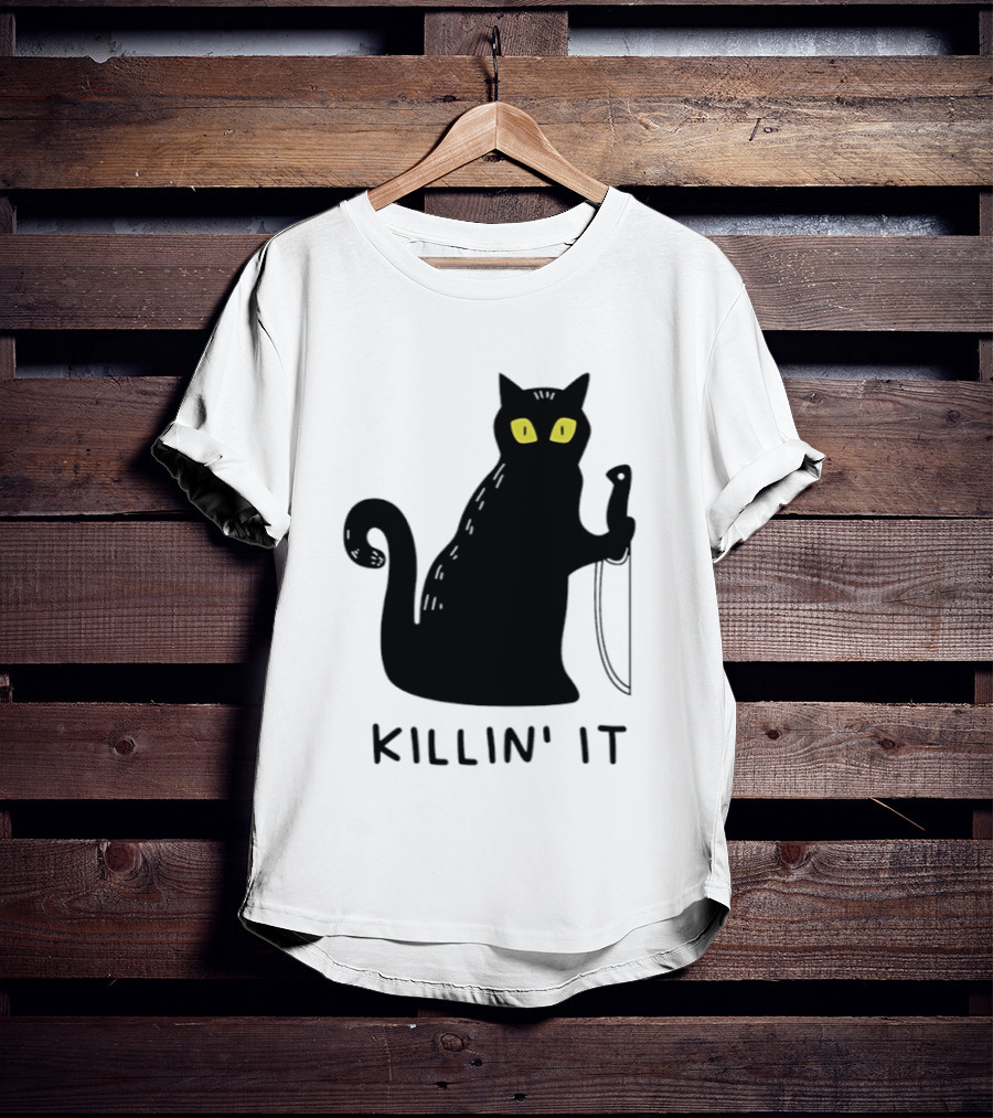 Black Cat Killin' It Halloween Knife T-Shirt