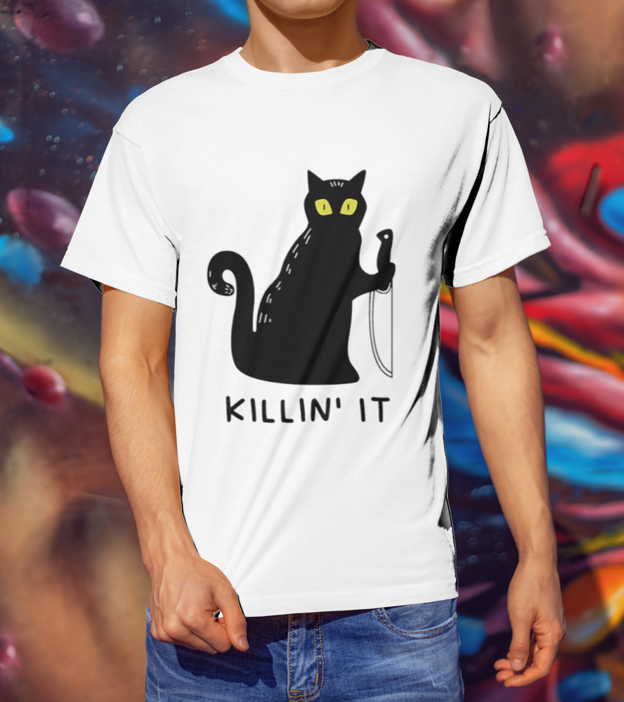 Black Cat Killin' It Halloween Knife T-Shirt
