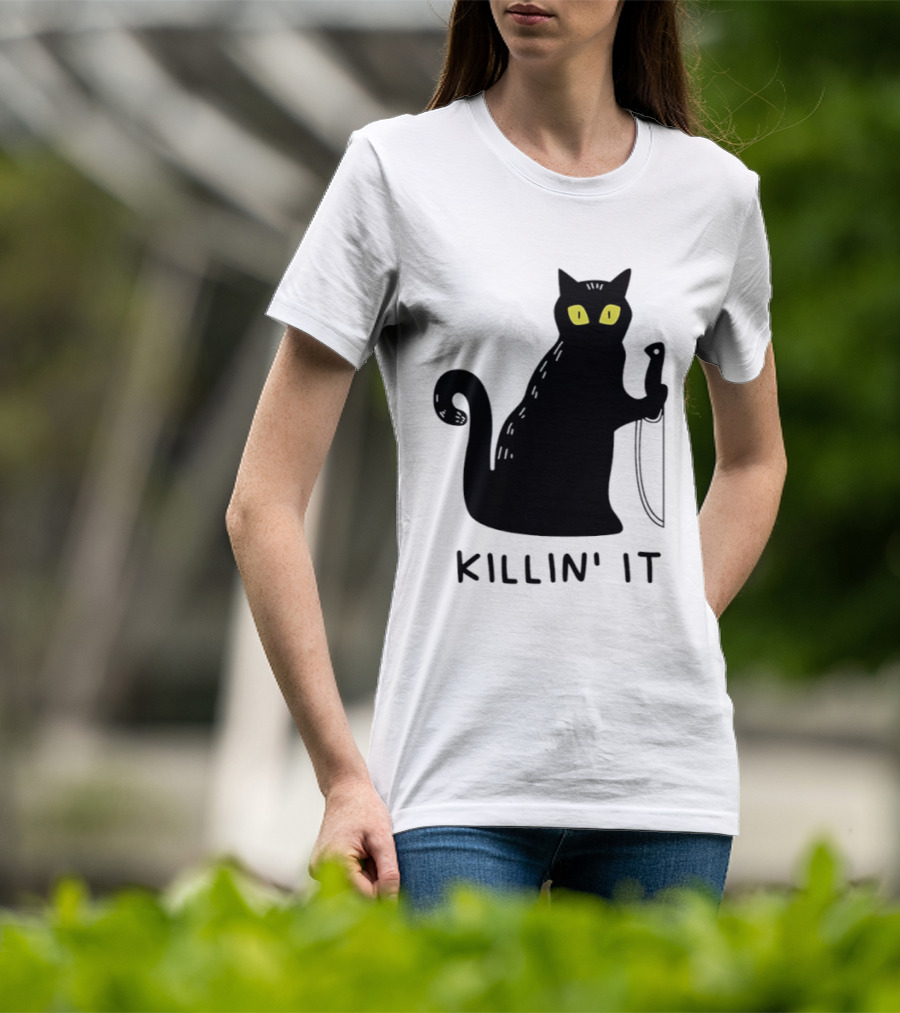 Black Cat Killin' It Halloween Knife T-Shirt