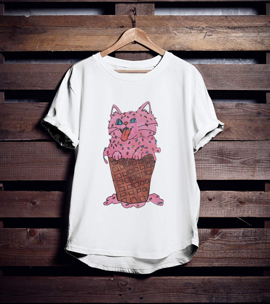 Pink Cat Ice Cream Cone Sprinkles Waffle Delight T-Shirt