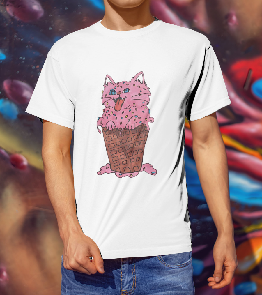 Pink Cat Ice Cream Cone Sprinkles Waffle Delight T-Shirt
