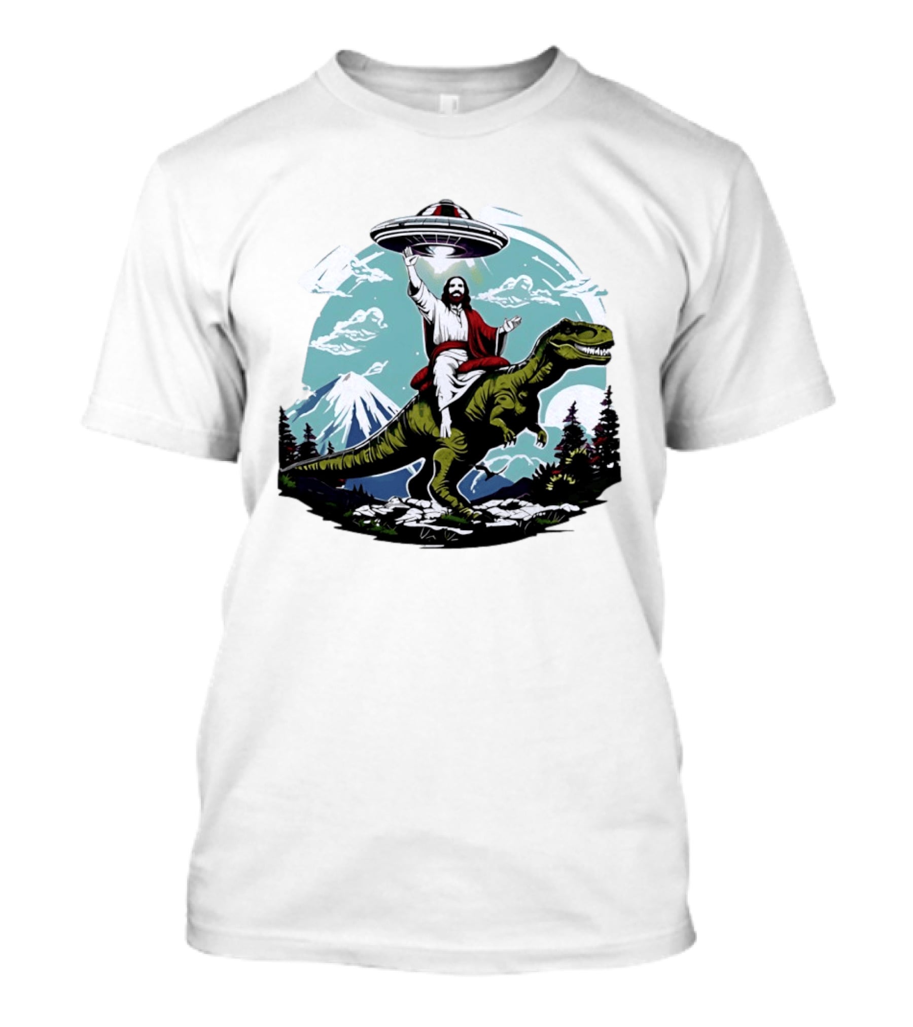 Jesus Riding Rex UFO Nature Scene With Mountains And Trees T-Shirt
