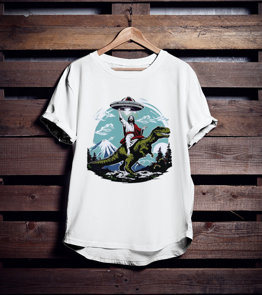 Jesus Riding Rex UFO Nature Scene With Mountains And Trees T-Shirt