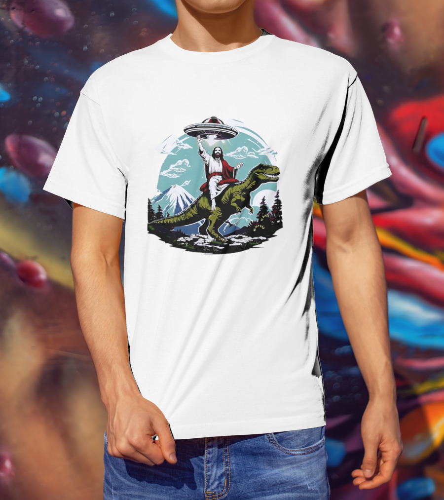 Jesus Riding Rex UFO Nature Scene With Mountains And Trees T-Shirt