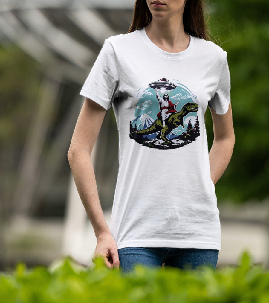 Jesus Riding Rex UFO Nature Scene With Mountains And Trees T-Shirt