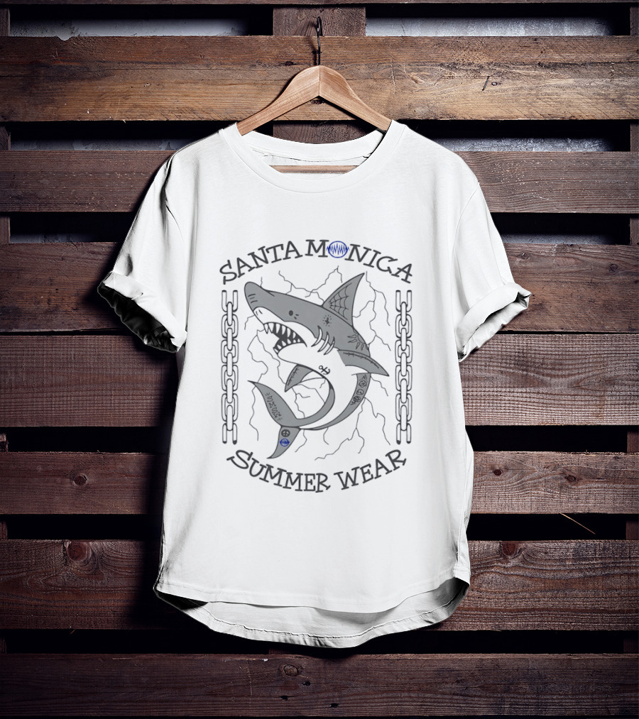 Santa Monica Summer Wear Shark Tattoo Chains And Waves T-Shirt