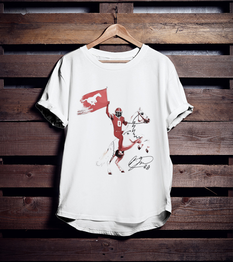 SMU Mustangs Football Player Riding Horse Holding Flag Number 0 T-Shirt