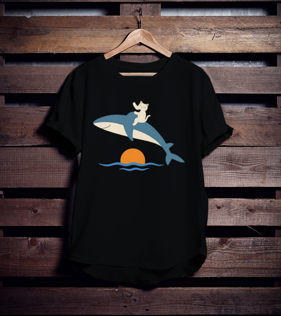 Cat On Orca Whale At Sunset Ocean Waves Scene T-Shirt