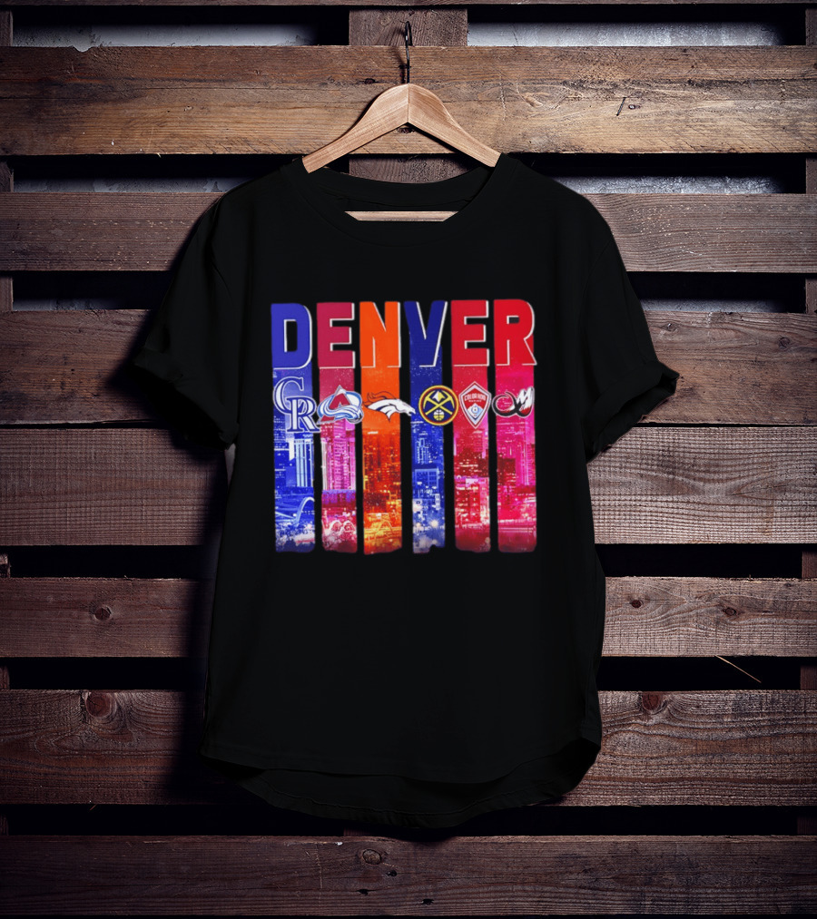 Denver City Skyline With Colorado Rockies Avalanche Broncos Nuggets Rapids Mammoth T-Shirt