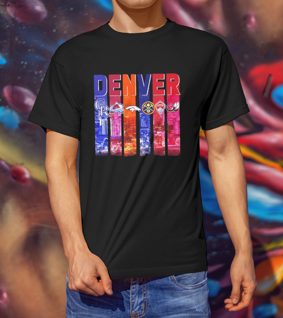 Denver City Skyline With Colorado Rockies Avalanche Broncos Nuggets Rapids Mammoth T-Shirt