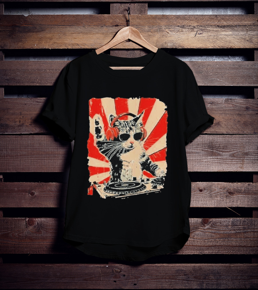 DJ Cat With Headphones Red Sunburst T-Shirt