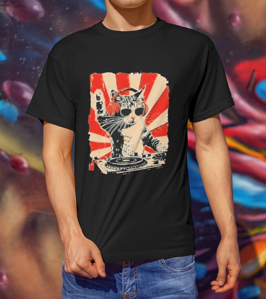 DJ Cat With Headphones Red Sunburst T-Shirt