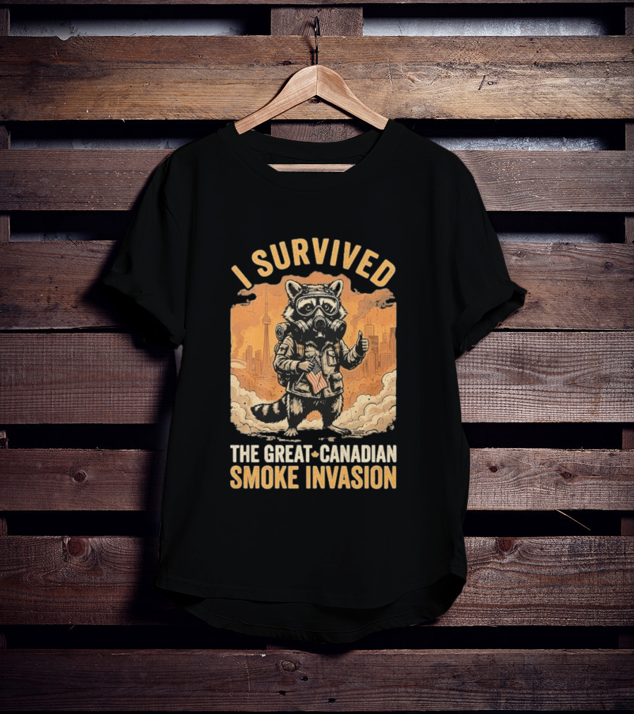 I Survived The Great Canadian Smoke Invasion Raccoon Cityscape Gas Mask T-Shirt