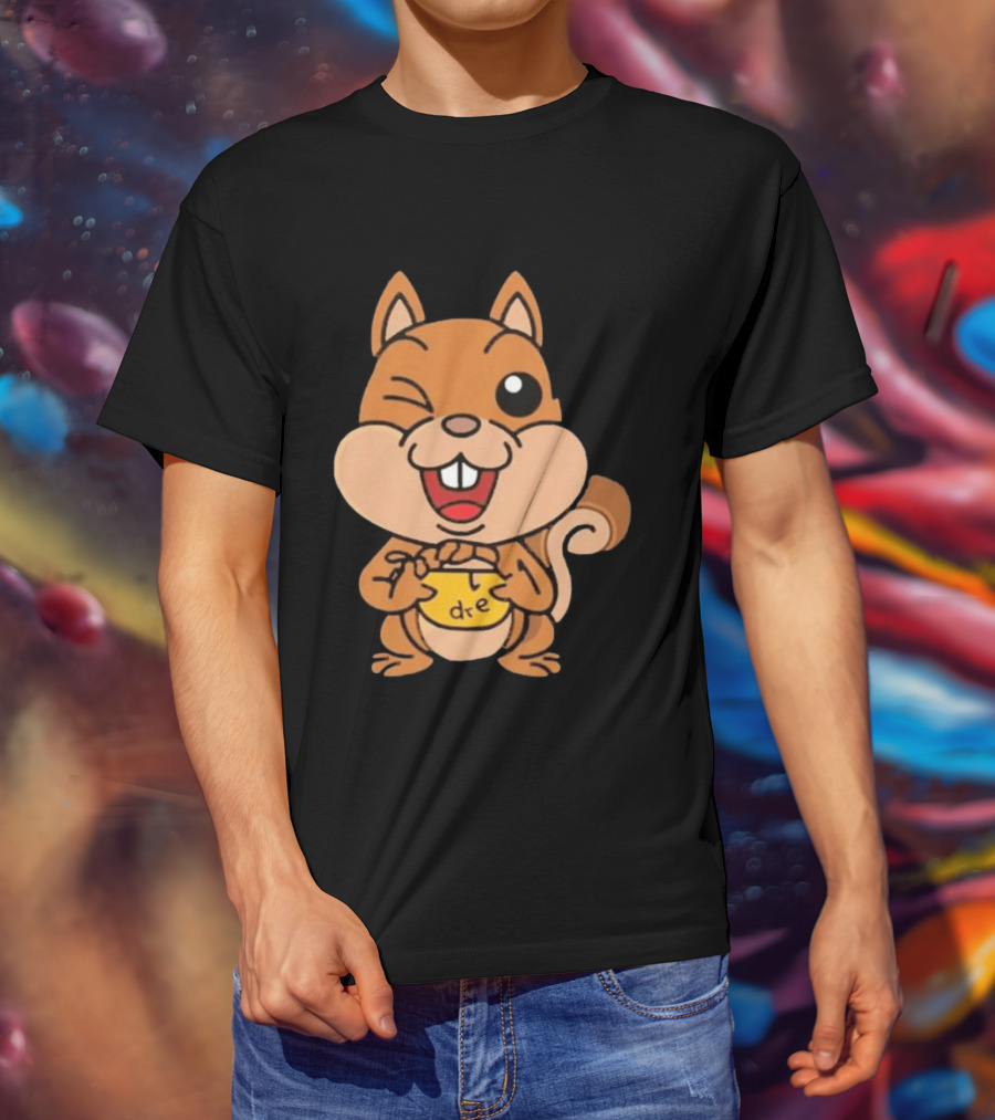 Cartoon Squirrel Holding Yellow Object With "dre" T-Shirt