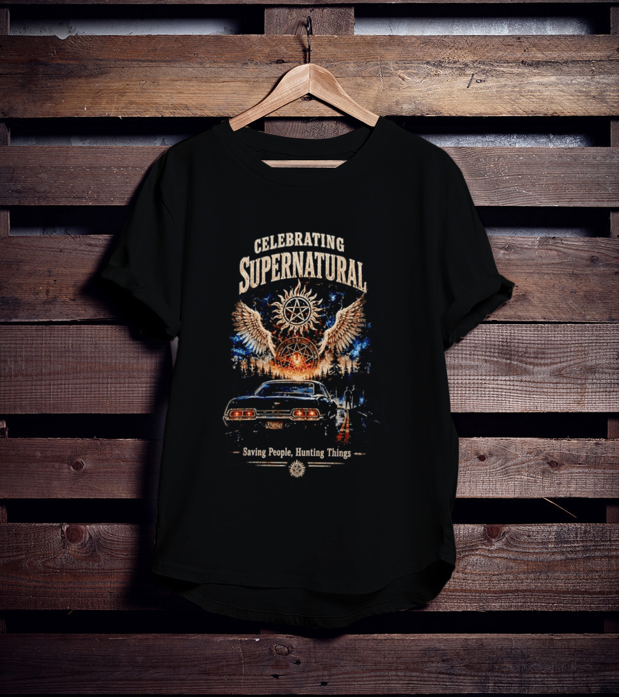 Celebrating Supernatural Saving People Hunting Things Angel Wings Classic Car T-Shirt