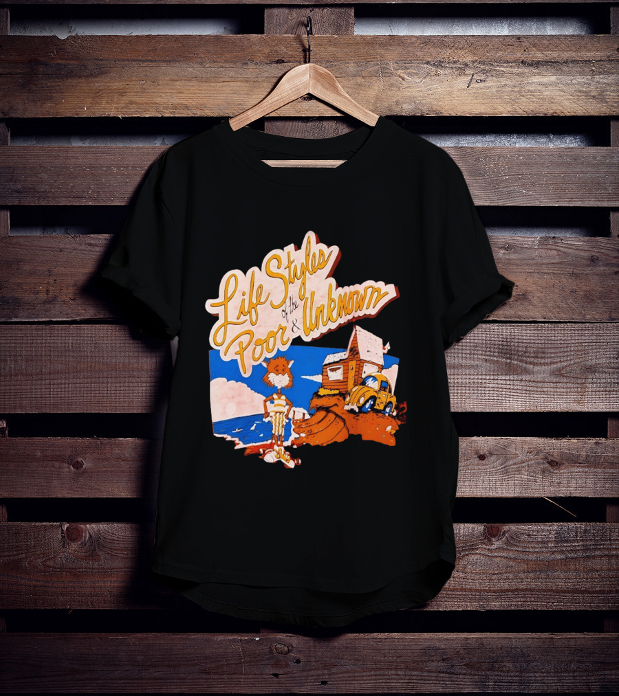 Life Styles Of The Poor And Unknown Cartoon Cat Beach Scene With House And Car T-Shirt